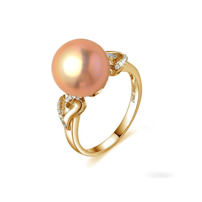 Bague coeur de perle diamanté - Or jaune et Perle d'eau douce rose - 1