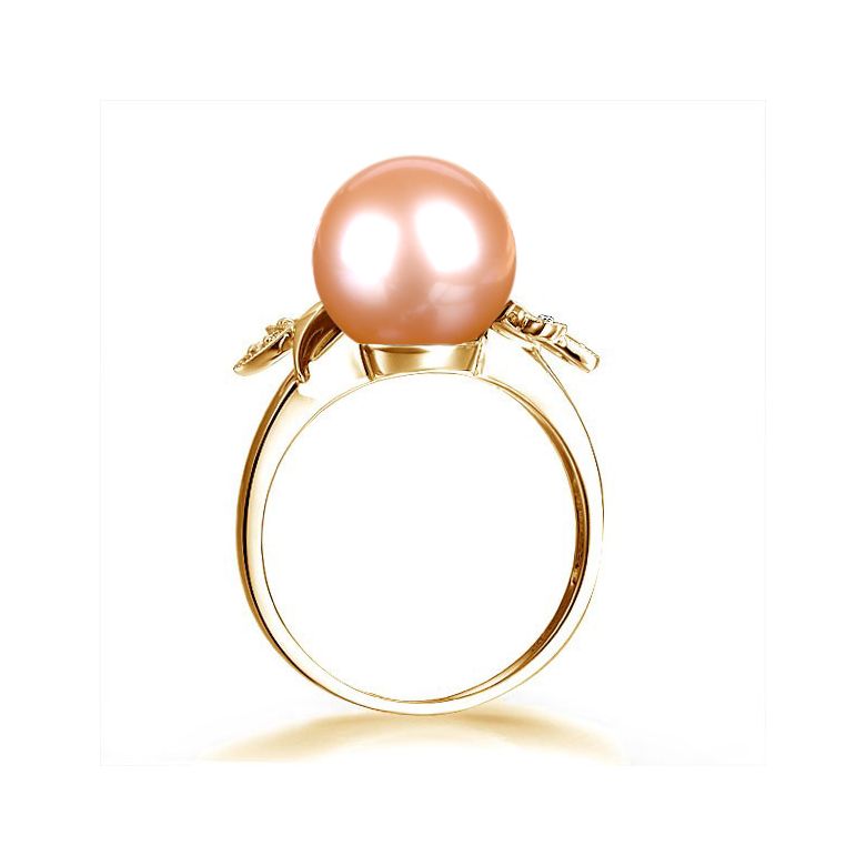 Bague Perle Rose, Or Jaune Diamant. Feuilles Étincelantes  - 3