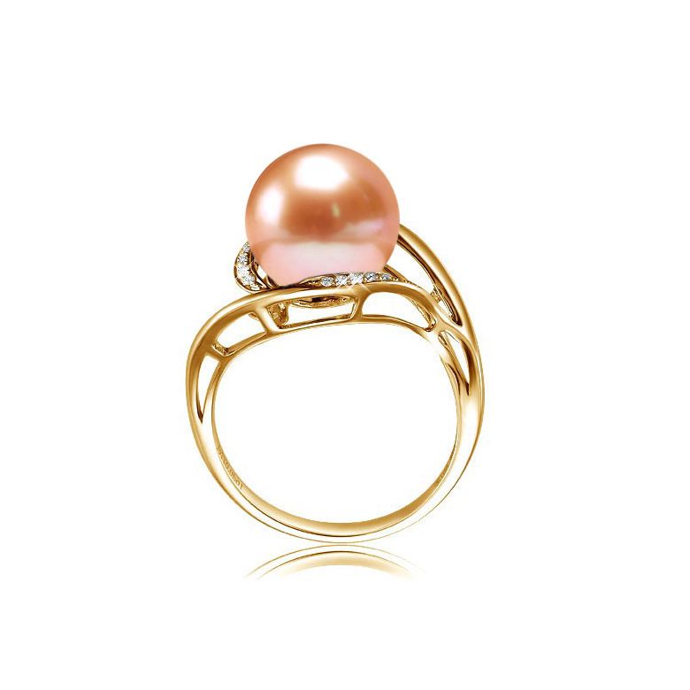 Bague femme perle - Or jaune, diamants - Perle de culture rose - 3