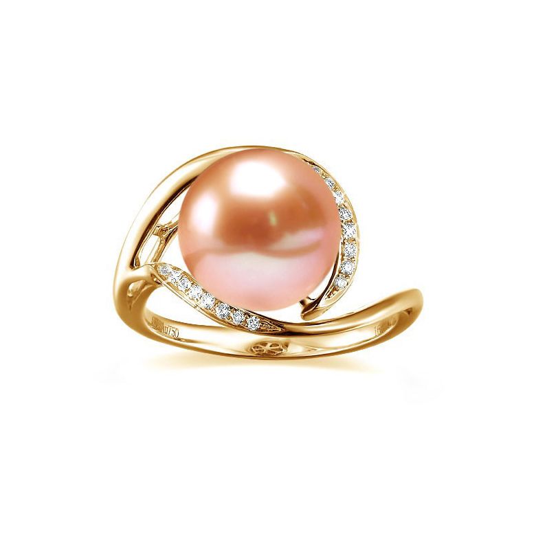 Bague femme perle - Or jaune, diamants - Perle de culture rose - 2