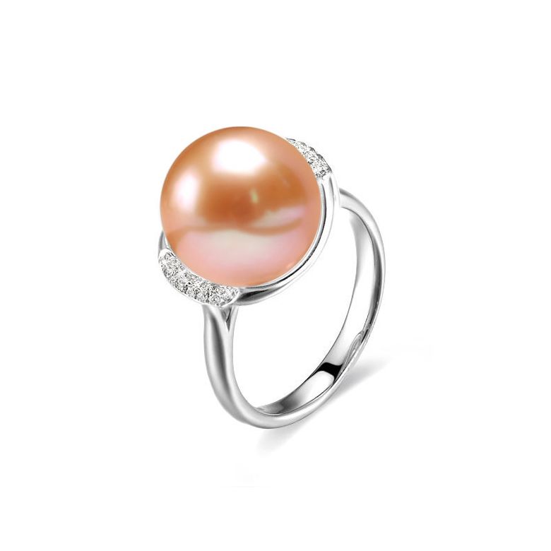 Bague perle de culture rose et or blanc - Plateau circulaire en diamants - 1