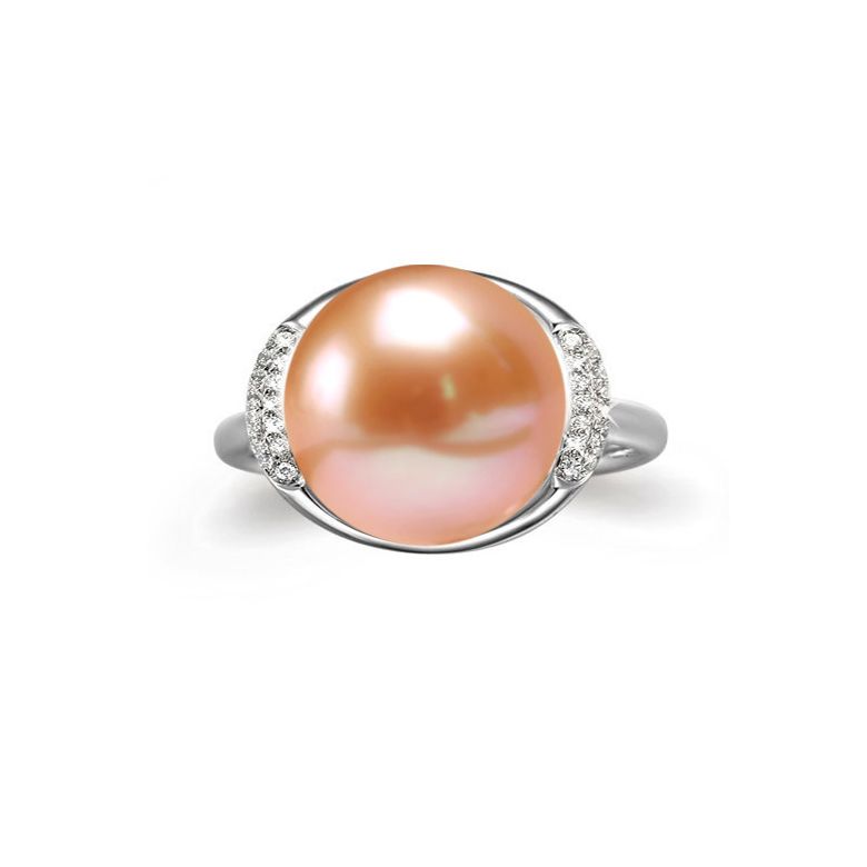 Bague perle de culture rose et or blanc - Plateau circulaire en diamants - 3