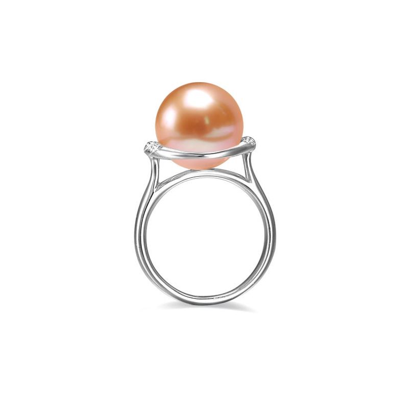 Bague perle de culture rose et or blanc - Plateau circulaire en diamants - 2