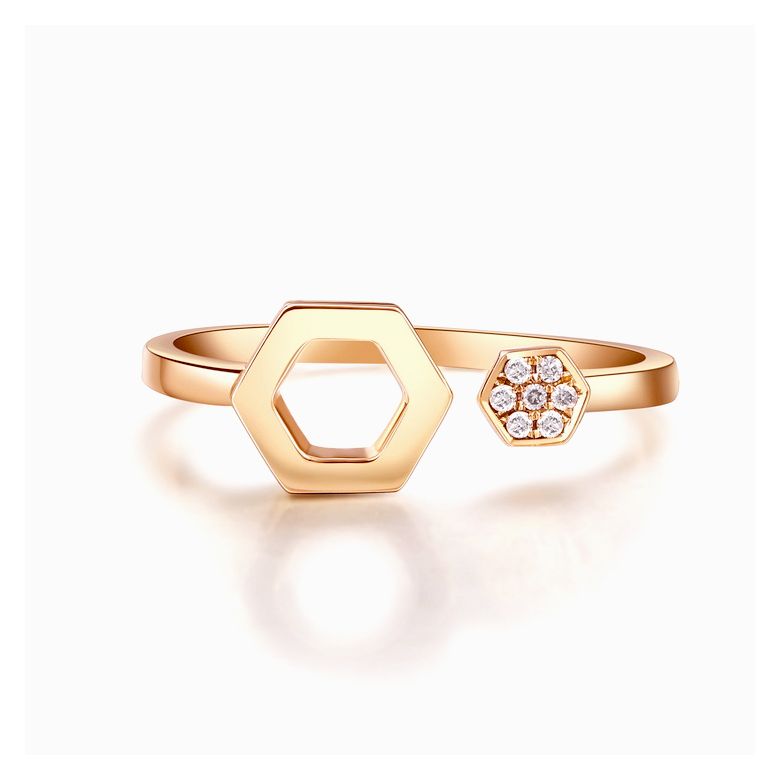 Bague ouverte hexagone. Or jaune 18cts, diamants 0.030ct - 5