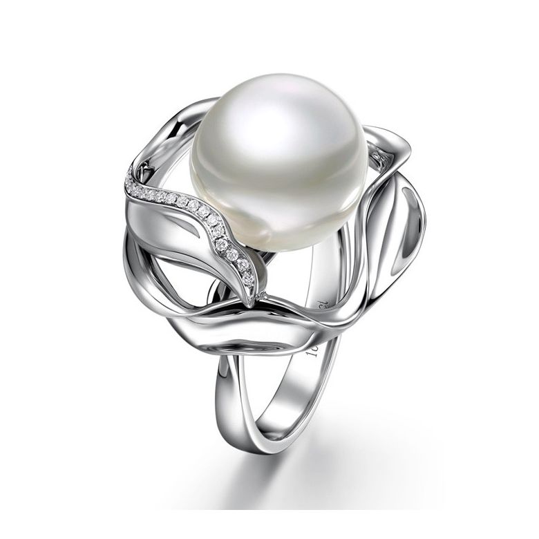 Bague fleur de lotus - Perle d'Australie blanche - Or blanc, diamants - 1