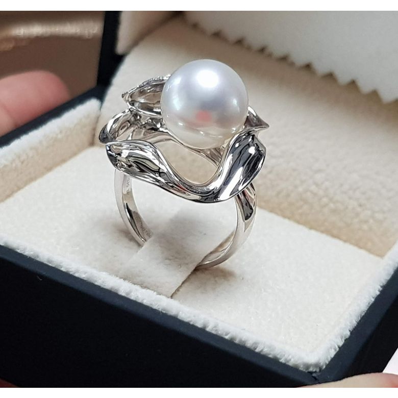 Bague fleur de lotus - Perle d'Australie blanche - Or blanc, diamants - 3