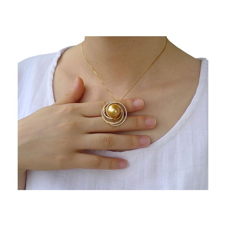 Bague pendentif Or jaune, diamants, perle d'Australie dorée - 8