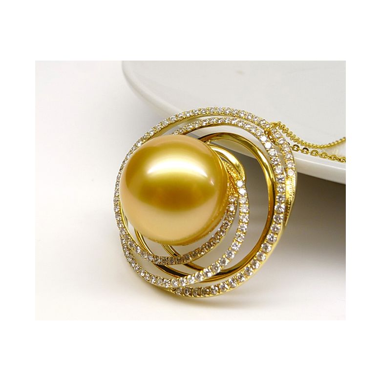 Bague pendentif Or jaune, diamants, perle d'Australie dorée - 7