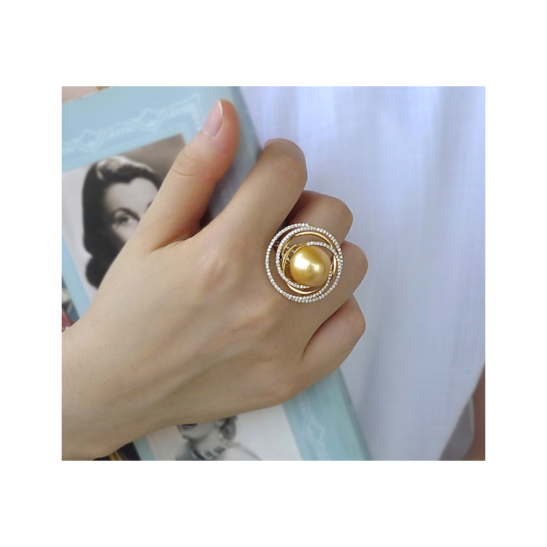 Bague pendentif Or jaune, diamants, perle d'Australie dorée - 4