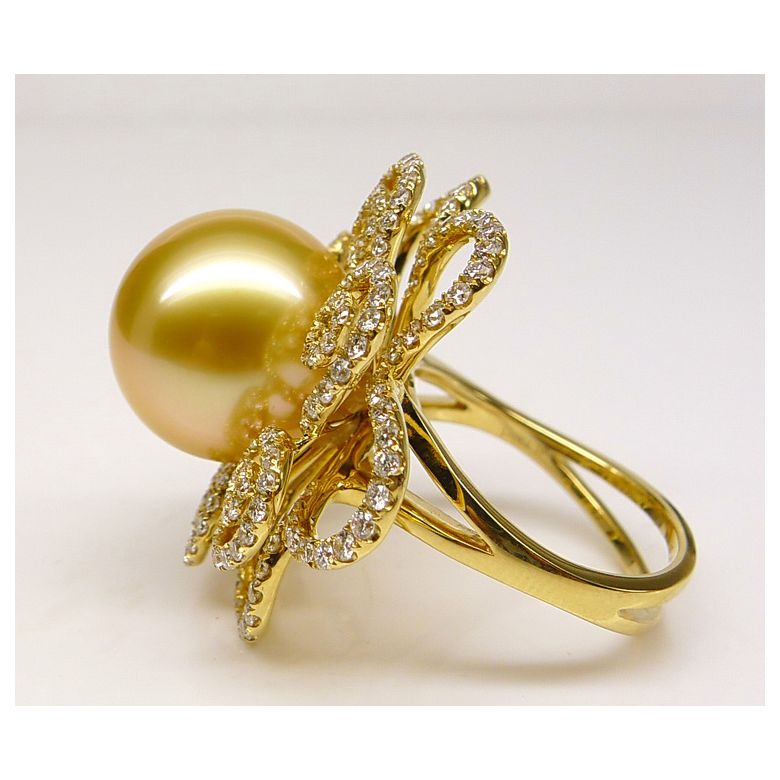 Bague Fleur arabesque perle dorée. Or jaune et diamants - 6