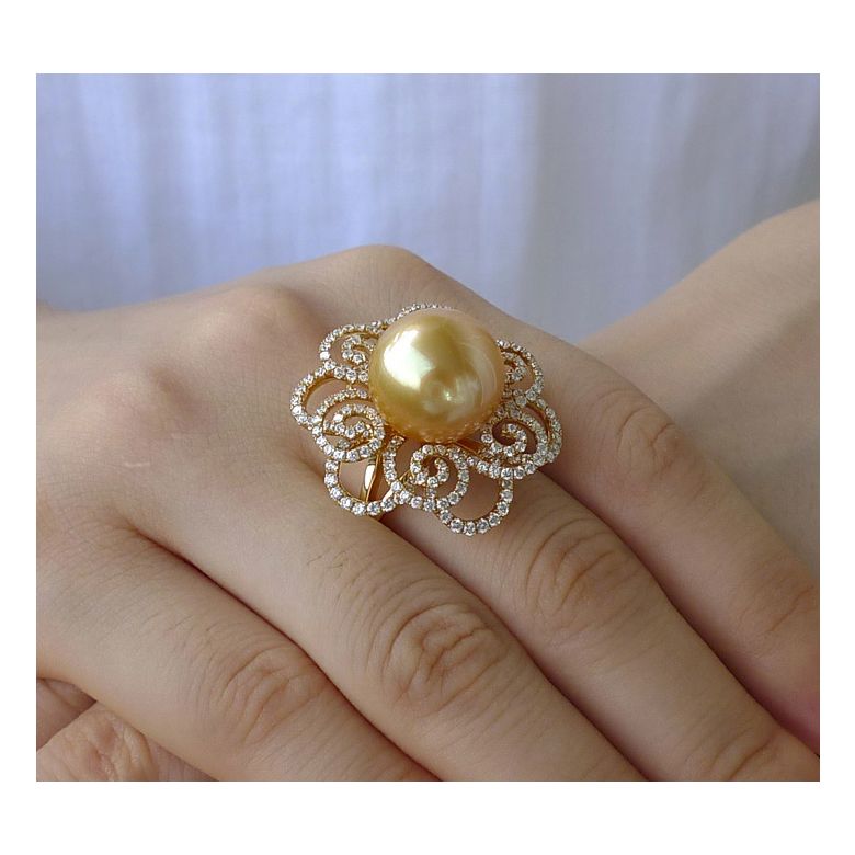 Bague Fleur arabesque perle dorée. Or jaune et diamants - 7