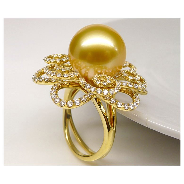 Bague Fleur arabesque perle dorée. Or jaune et diamants - 4