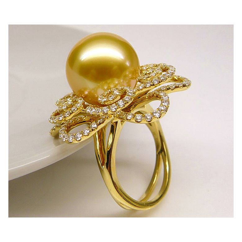 Bague Fleur arabesque perle dorée. Or jaune et diamants - 5