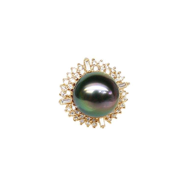 Bague auréolée de diamants - Perle de Tahiti paon rosée - Or jaune - 1