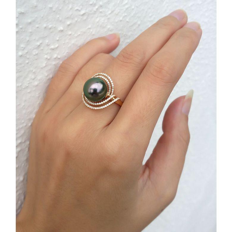 Création d'orfèvrerie - Bague luxe - Perle de Tahiti, or jaune, diamants - 4