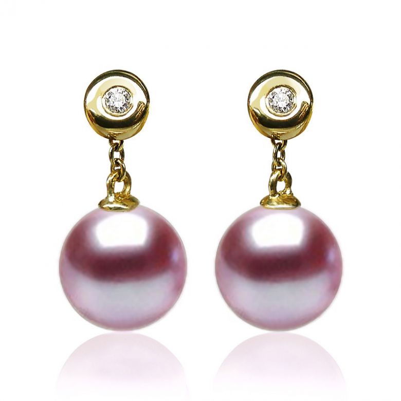 Pendants d'oreilles en perles de culture. Disque d'or et chaînette - 4