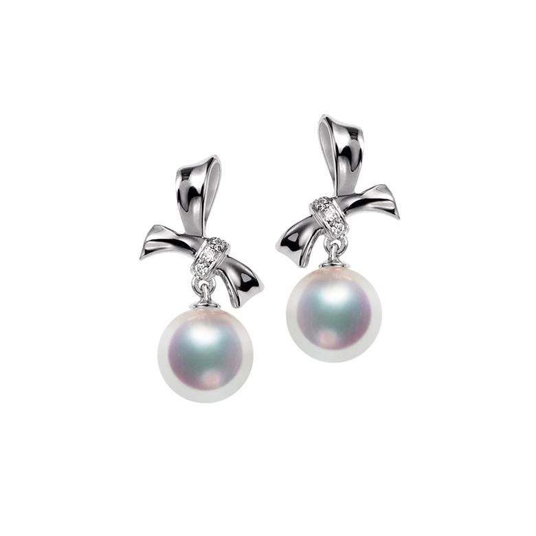 Boucles oreilles perles Akoya. Or blanc, diamants. Rubans, ganses - 1