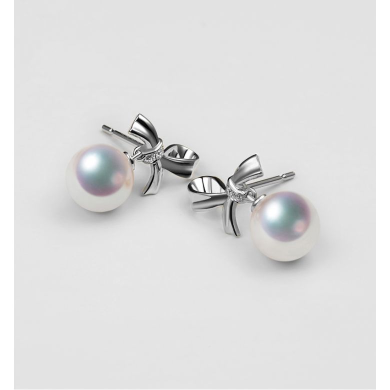 Boucles oreilles perles Akoya. Or blanc, diamants. Rubans, ganses - 3