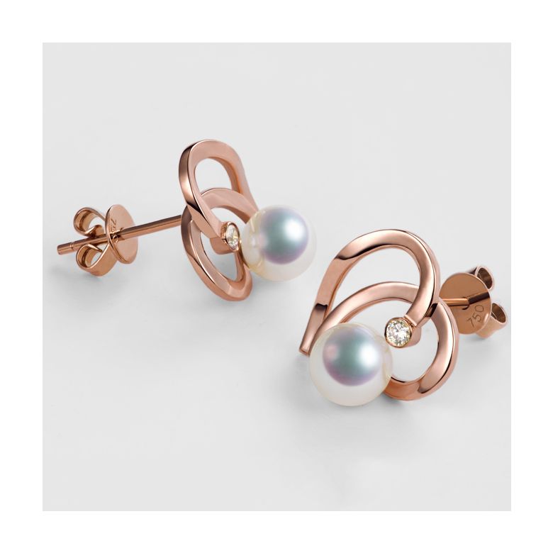 Boucles Coeur contemporain Or rose. Perles Akoya, Diamants.  - 4