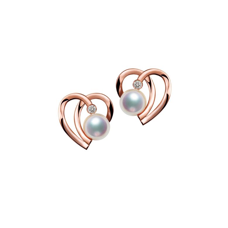 Boucles Coeur contemporain Or rose. Perles Akoya, Diamants.  - 1