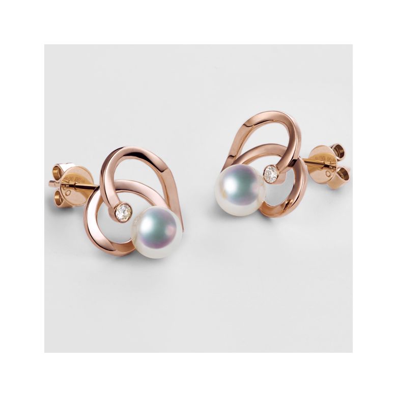 Boucles Coeur contemporain Or rose. Perles Akoya, Diamants.  - 3