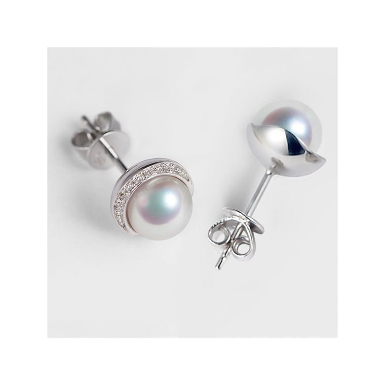 Boucles oreilles couronne Or blanc Diamants. Perles Akoya - 6