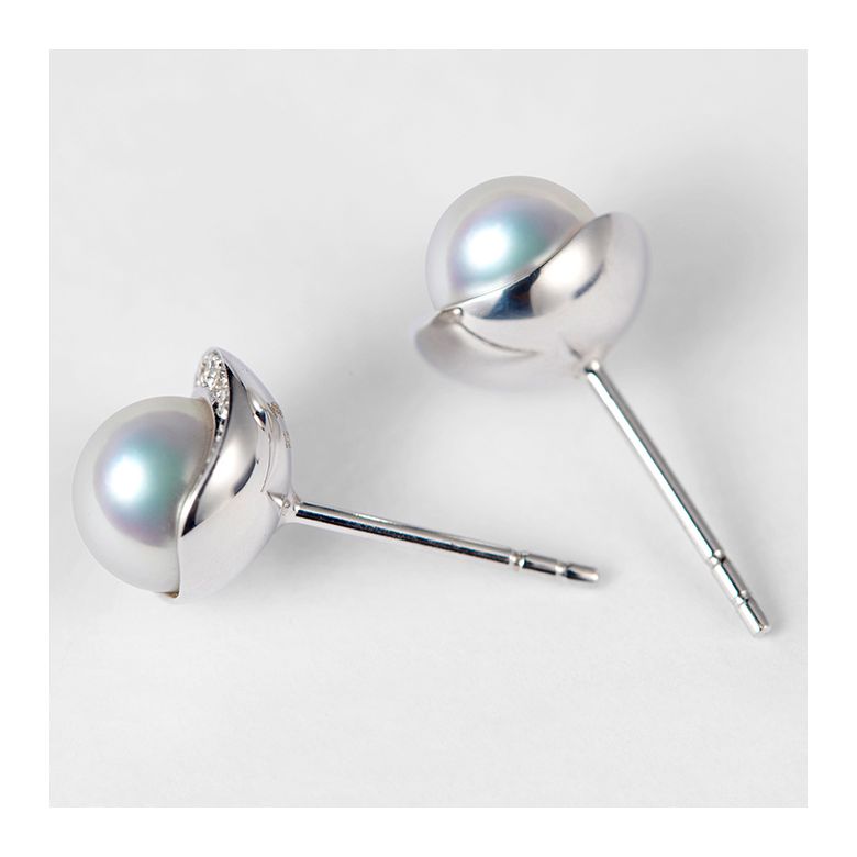Boucles oreilles couronne Or blanc Diamants. Perles Akoya - 7