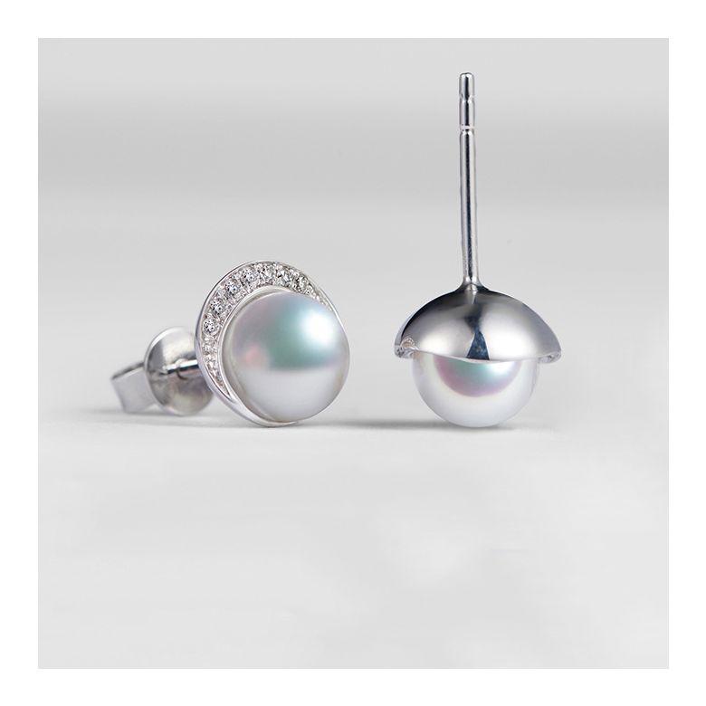 Boucles oreilles couronne Or blanc Diamants. Perles Akoya - 3