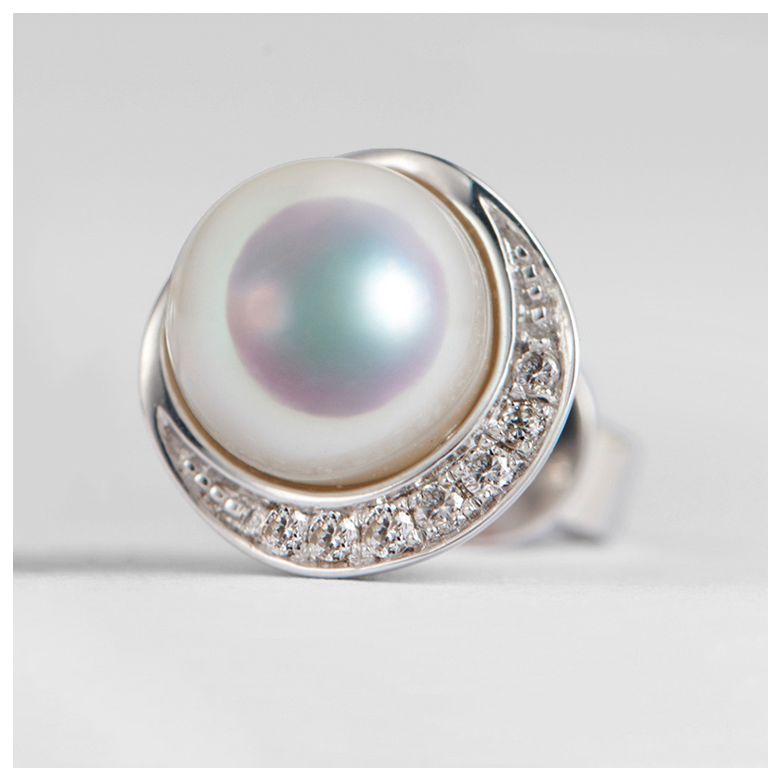 Boucles oreilles couronne Or blanc Diamants. Perles Akoya - 8