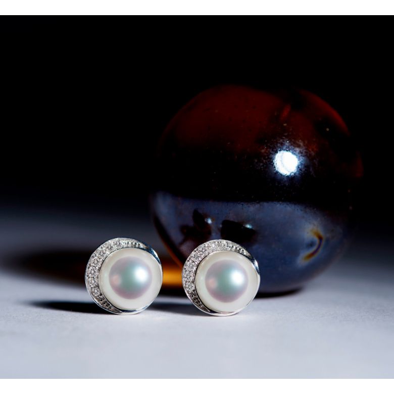Boucles oreilles couronne Or blanc Diamants. Perles Akoya - 4