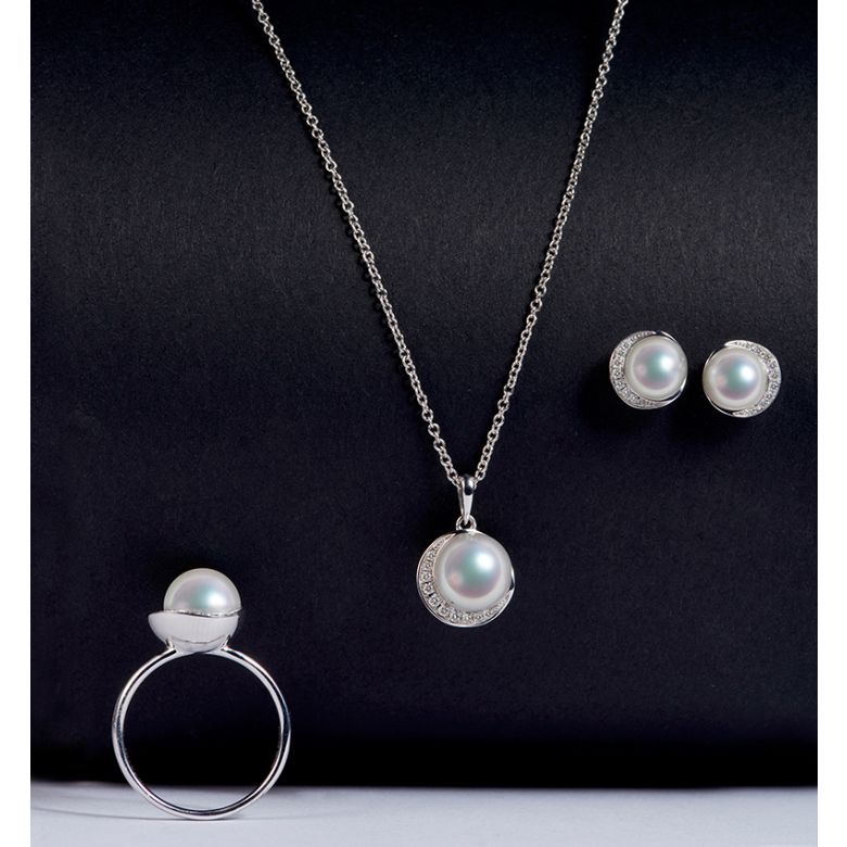 Boucles oreilles couronne Or blanc Diamants. Perles Akoya - 5