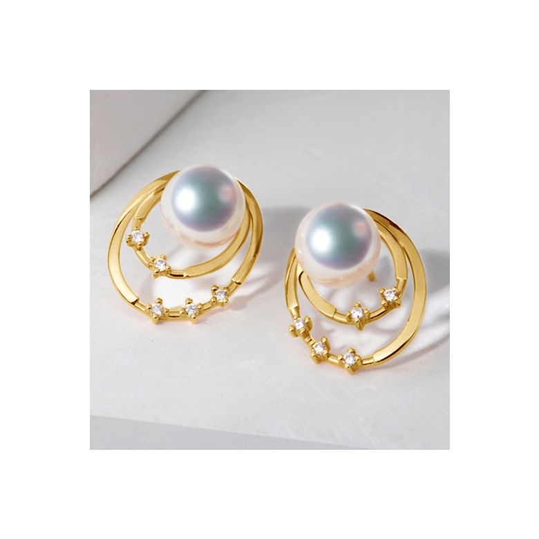 Pendentif et Boucles Kaneo. Perles Akoya, Or jaune, diamants. Motifs cerclés - 3