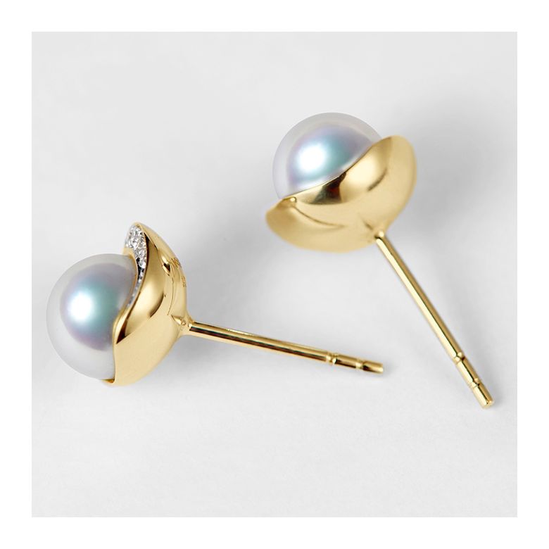 Boucles oreilles couronne Or jaune Diamants. Perles Akoya - 6