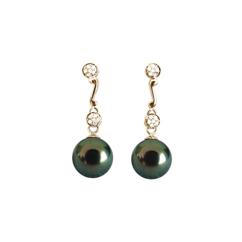 Boucles oreilles pendantes - Perles de Tahiti noires - Or jaune - Diamants - 1