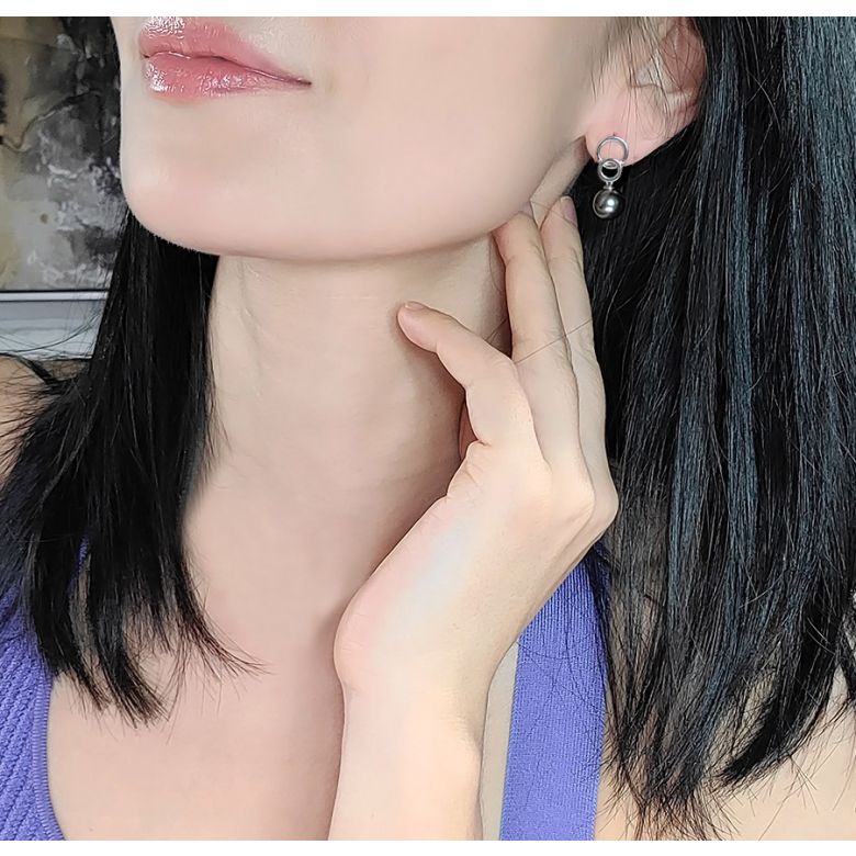 Boucles oreilles anneaux - Perles de Tahiti noires - Or blanc, Diamants - 3