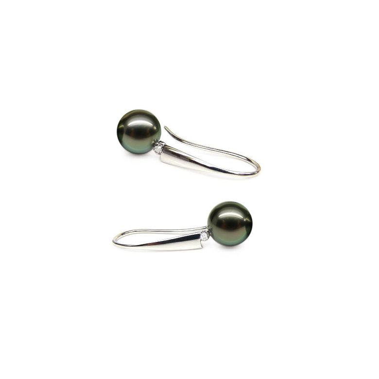 Boucles oreilles perles Tahiti - Crochets perles noires paons - Or blanc - 1