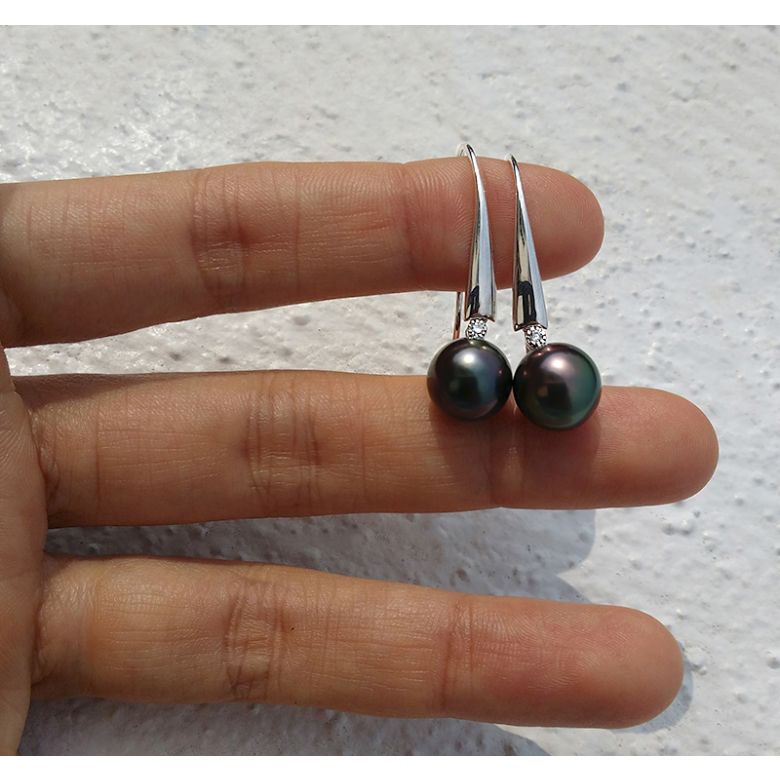 Boucles oreilles perles Tahiti - Crochets perles noires paons - Or blanc - 4