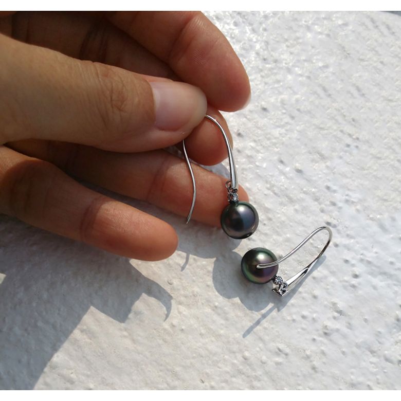 Boucles oreilles perles Tahiti - Crochets perles noires paons - Or blanc - 5