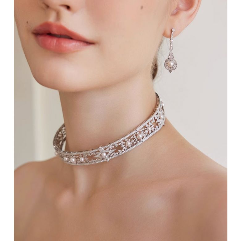 Collier Géométria Préciosa, Or blanc Diamant et Perle Akoya du Japon - 1