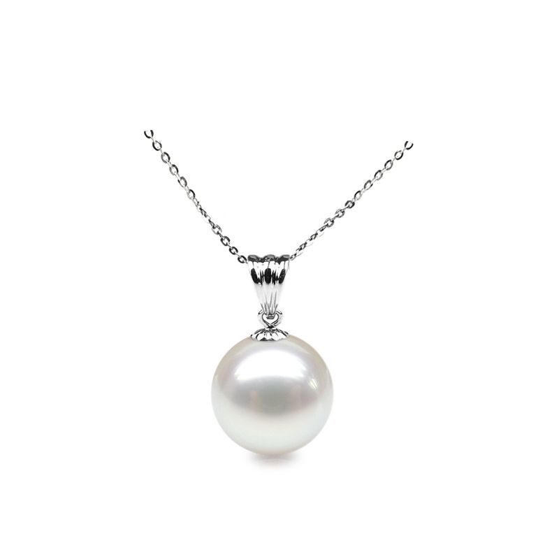 Collier une perle blanche - Pendentif or blanc - 1