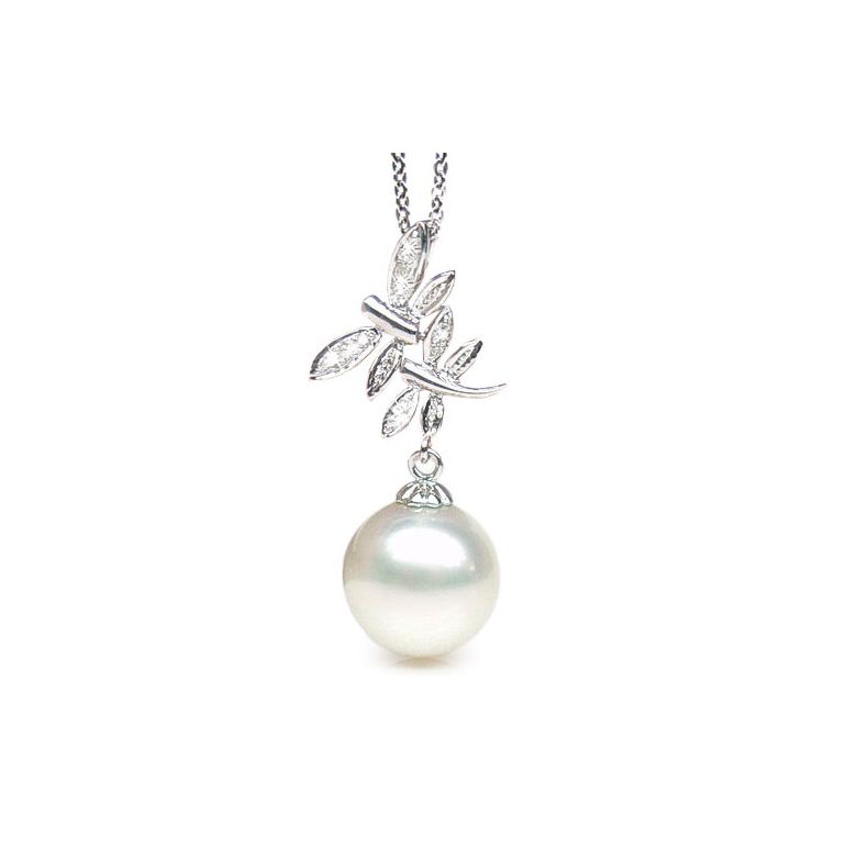 Pendentif libellules - Perle d'Australie blanche - Or blanc, diamants - 2