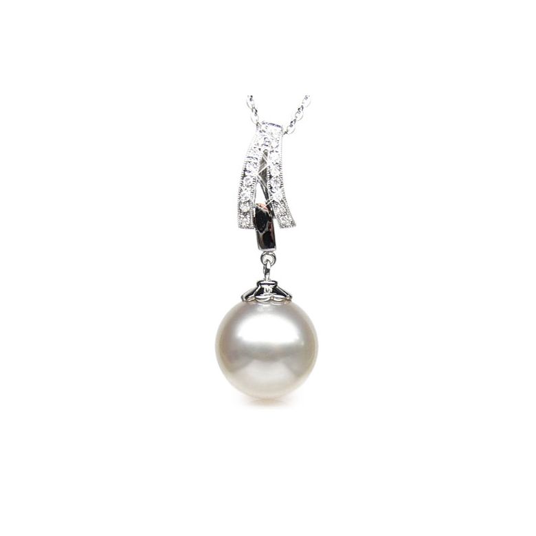 Pendentif or et diamants - Perle d'Australie blanche - or blanc - 1