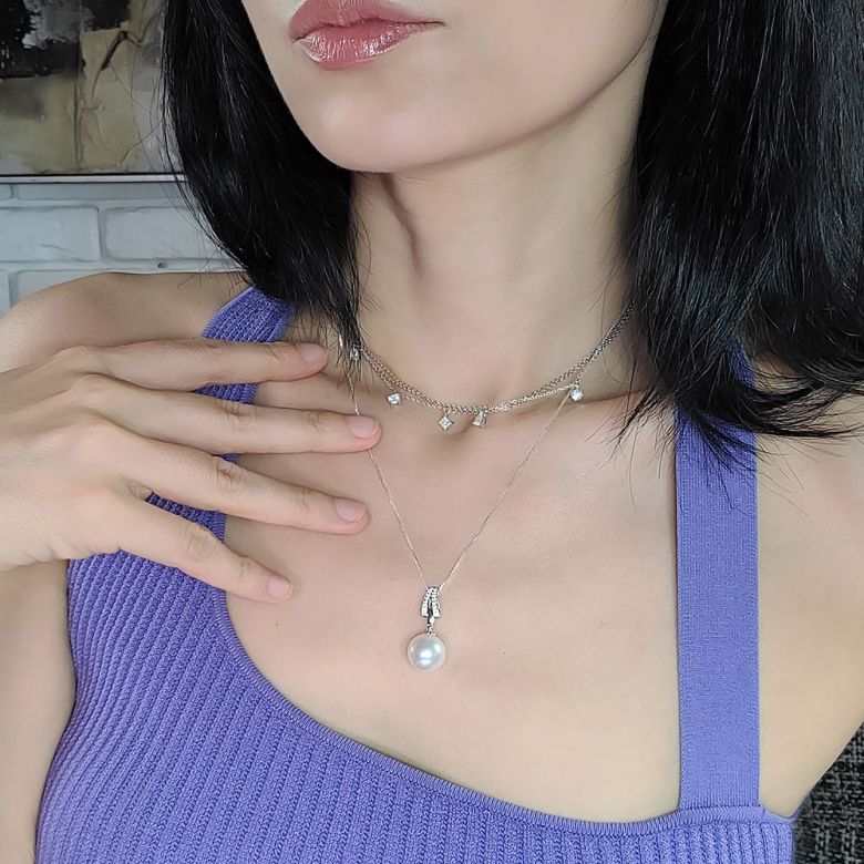 Pendentif or et diamants - Perle d'Australie blanche - or blanc - 2