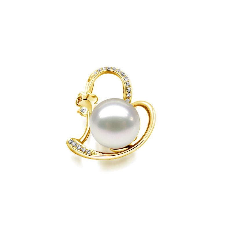 Pendentif perle d'Australie or jaune et diamant - Coeur de trèfle - 1