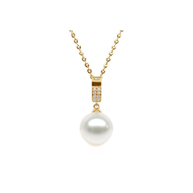 Pendentif bélière pavée 8 diamants - Or jaune, perle culture blanche - 5