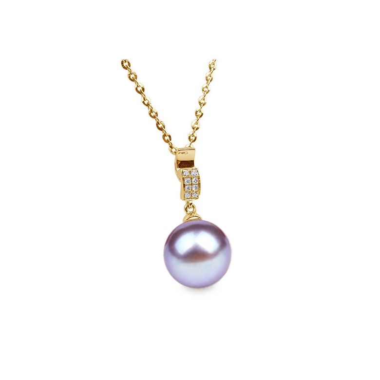 Pendentif bélière pavée 8 diamants - Or jaune, perle culture blanche - 8