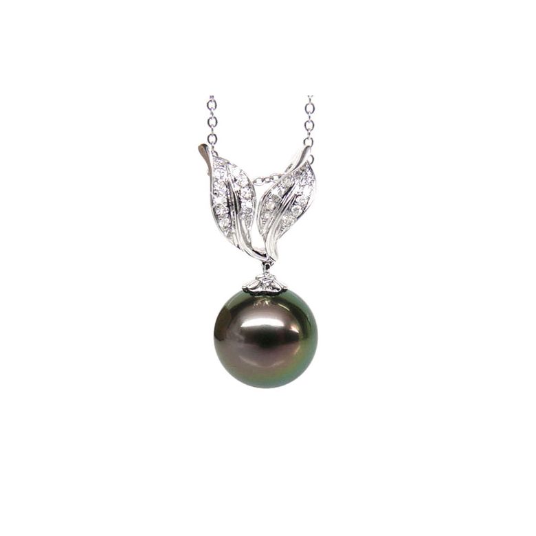 Création pendentif feuilles - Perle Tahiti noire paon - Or blanc, diamants - 1