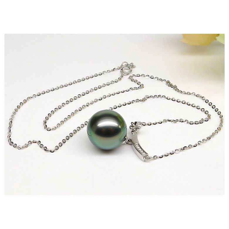 Pendentif or blanc fleur diamant - Perle de Tahiti verte - 3
