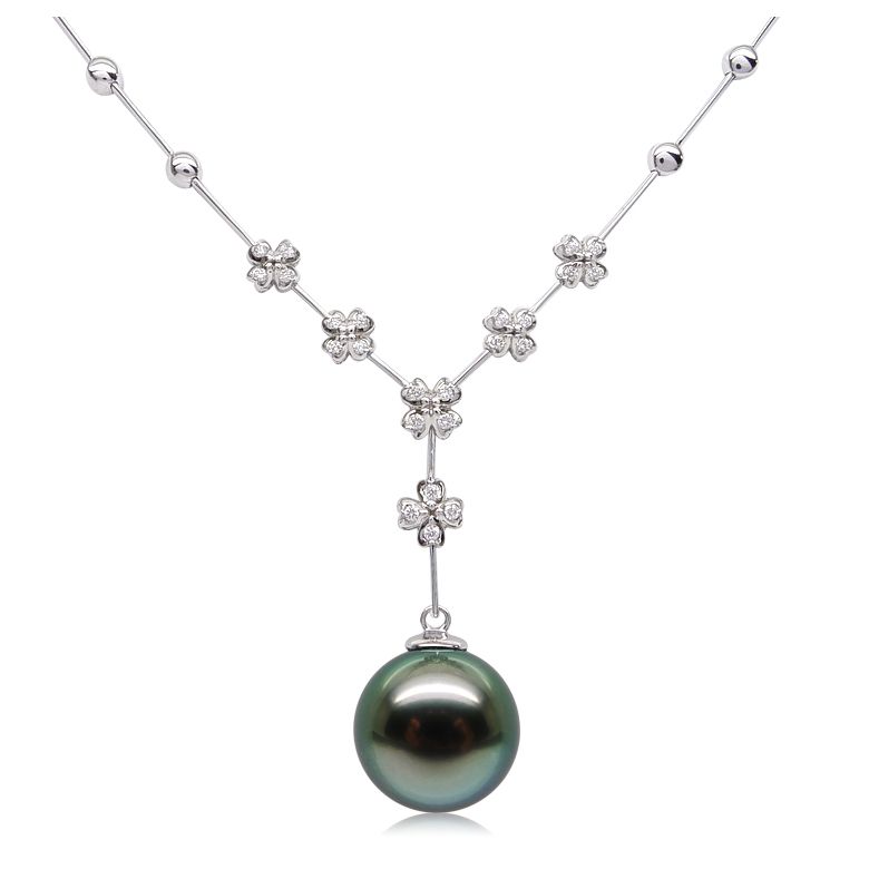 Collier pendentif or blanc, diamants et perle de Tahiti 13/14mm - 1