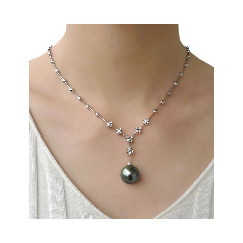 Collier pendentif or blanc, diamants et perle de Tahiti 13/14mm - 2